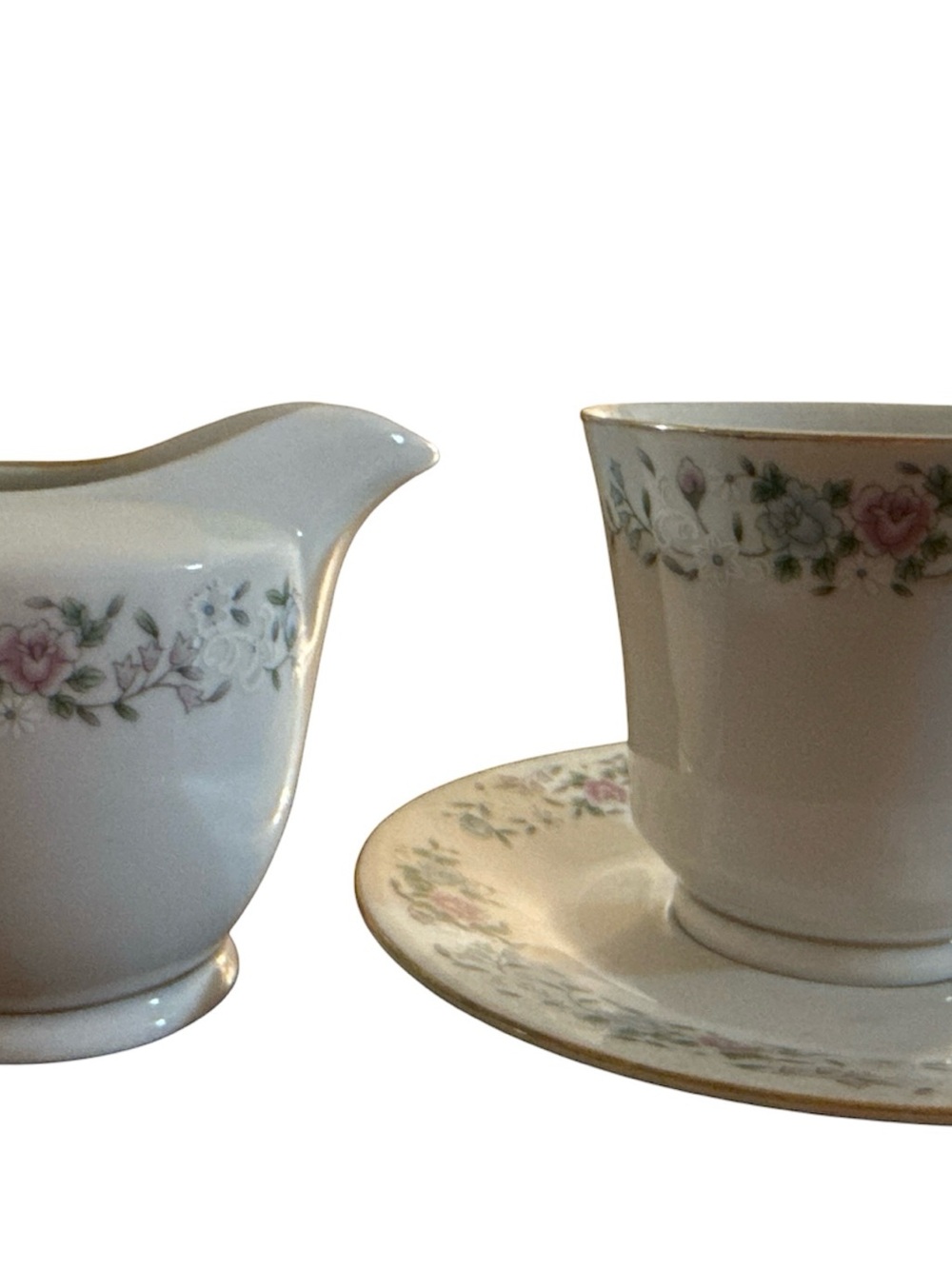 Porcelain Creamer and Cup with Saucer - White with Pink Floral Trim